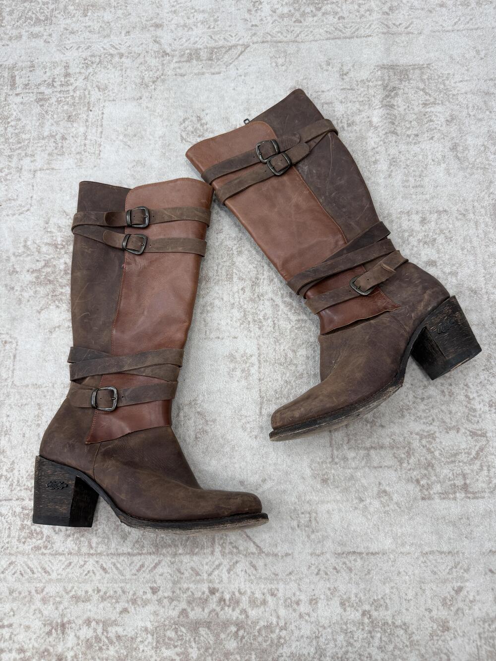 Miss Macie Boots Womens Size 9 Brown Leather Knee Western Zip Strappy Buckle